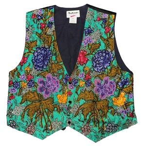 💙💖 Vintage 80s Fashion Fantasy Floral Patterned Beaded Vest XL
